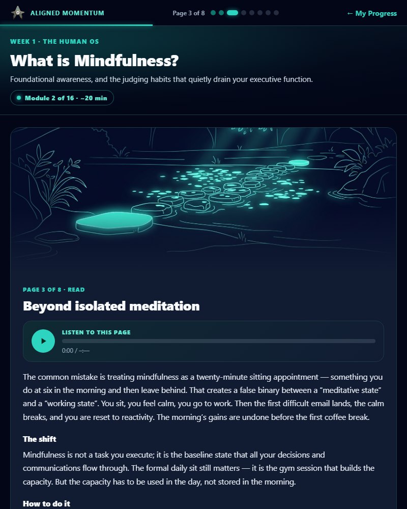 A module screen: the Week 1 Human OS module with its image, narration player and reading text.